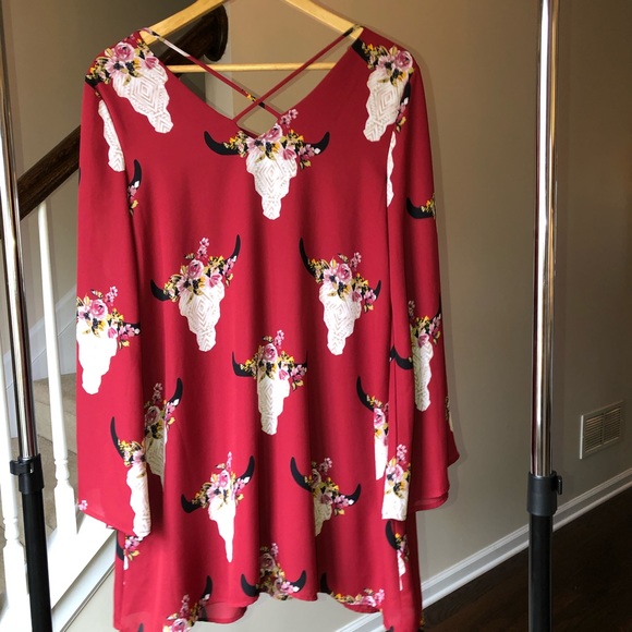 Altar’d State Dark Red Bull Head Shift Dress Sz S - Picture 4 of 6